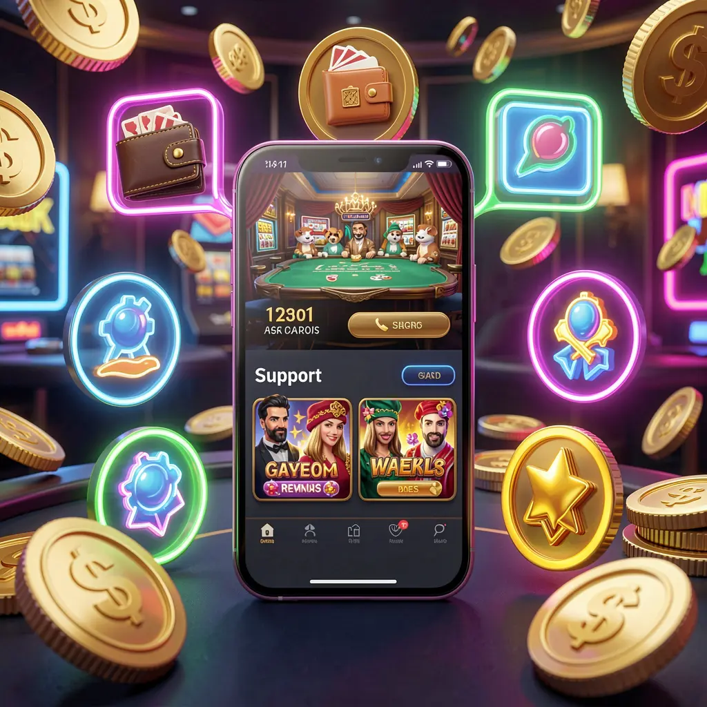 PK345 online casino app features displayed on a smartphone surrounded by icons for wallet, games, support, and rewards with golden coins and neon lights in a luxury 3D render