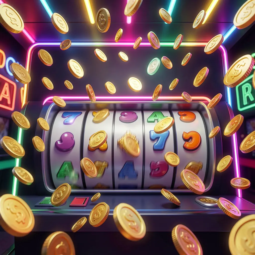 PK345 free spins casino image showing slot machine reels spinning with golden coins flying everywhere under colorful neon lights, creating an exciting jackpot mood in a premium 3D illustration