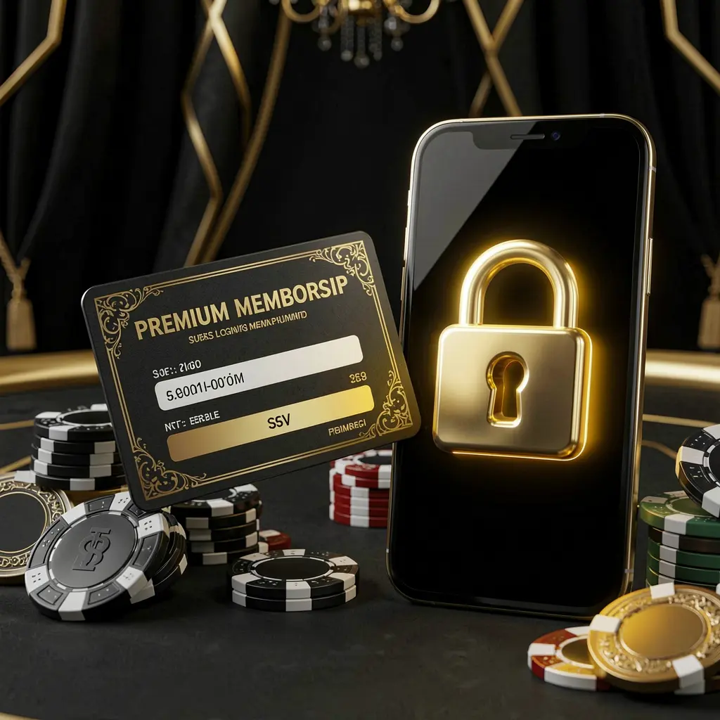 PK345 casino member login concept featuring a premium membership card beside a smartphone with a glowing lock symbol, poker chips and coins on a black and gold luxury background in a realistic 3D illustration