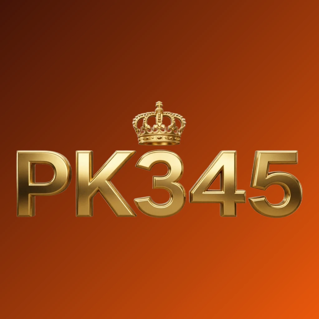 PK345 luxury brand logo with a gold metallic crown above the letters, featuring a royal design and a transparent background in a wide horizontal rectangular wordmark style