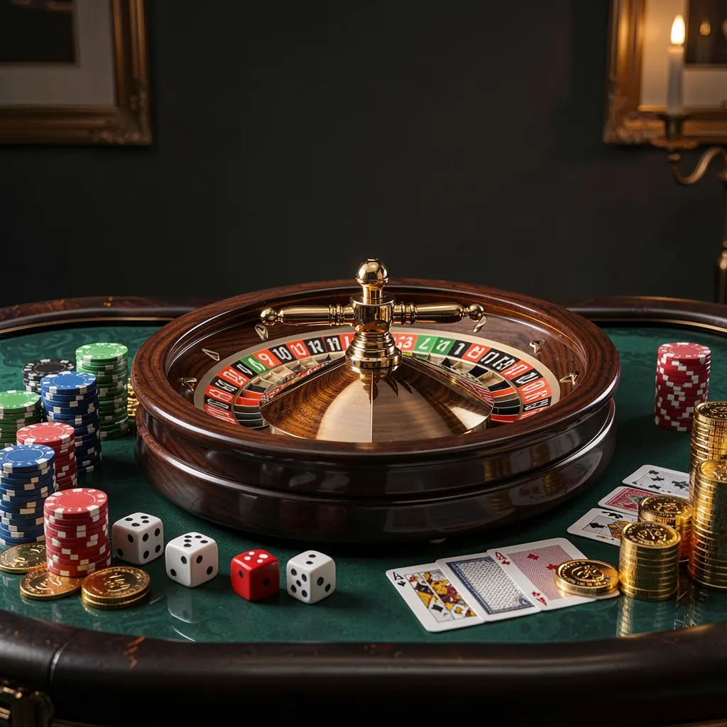 PK345 premium casino homepage scene featuring a roulette wheel spinning on a glossy table surrounded by poker chips, dice, cards, and golden coins with an elegant dark background and cinematic lighting